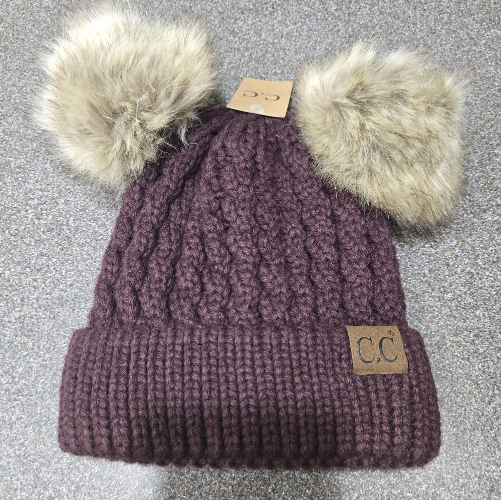 C.C Kids Cable Knit Beanie in Burgundy with Faux Fur Double Poms